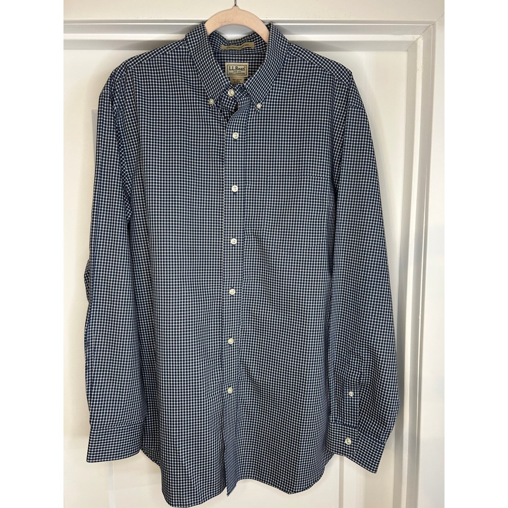 LL‎ Bean Mens Gingham Button Down Shirt Navy Blue Wrinkle Resistant Coastal Prep